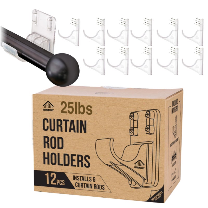 Evermount 12pcs Heavy Duty Curtain Rod Holders with Wide Hook, 5X Stronger Than Adhesive Curtain Rod Hooks, 25 LBS Tension Curtain Rod Bracket for Wall with Level and Pin Guide, Minimal Damage Curtain - Image 1