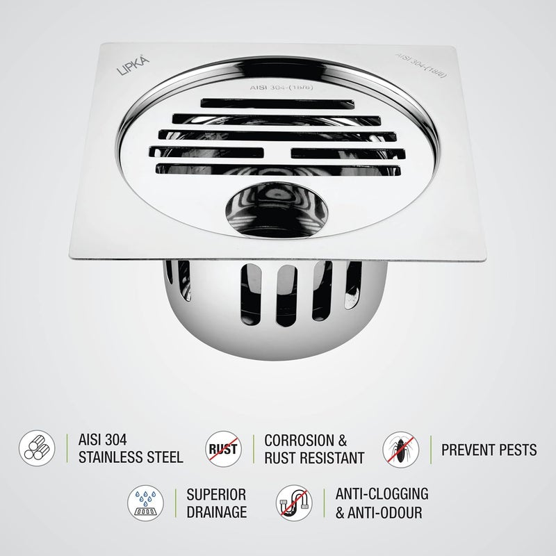 LIPKA Golden Classic Jali Square Flat Cut Floor Drain with Cockroach Trap 5 x 5 Inches 304Grade Stainless Steel Floor Trap Glossy Finish Drain Jali with Hole - Image 4