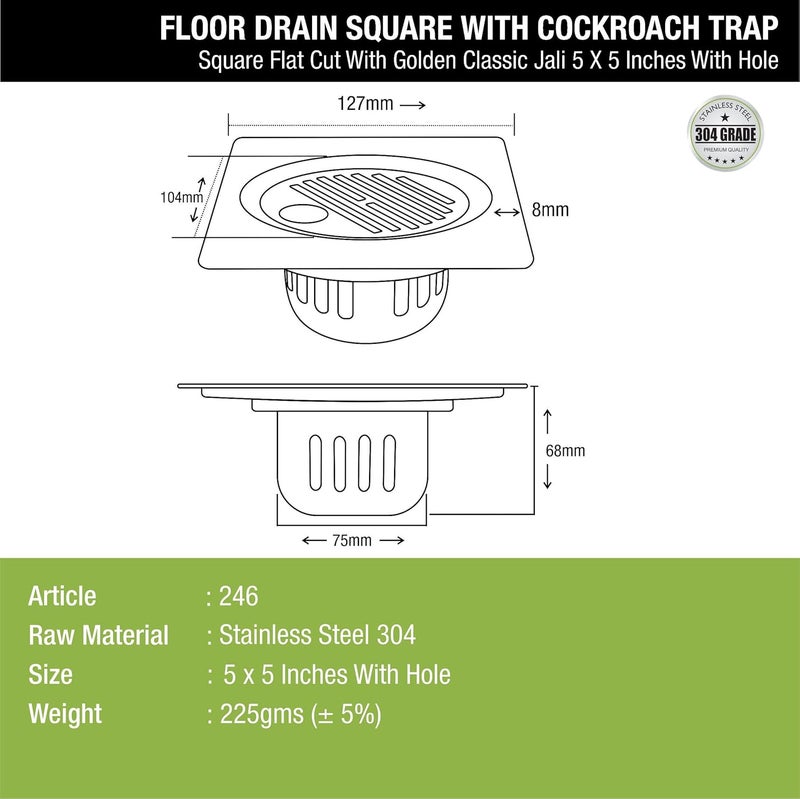 LIPKA Golden Classic Jali Square Flat Cut Floor Drain with Cockroach Trap 5 x 5 Inches 304Grade Stainless Steel Floor Trap Glossy Finish Drain Jali with Hole - Image 2