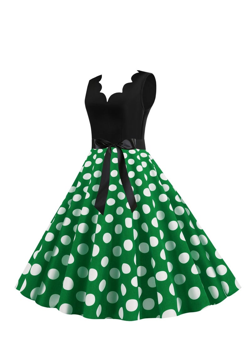 Loquat V-neck Sleeveless Polka Dot Lace Up Waist Retro Large Swing Dress Green/White  - Image 2