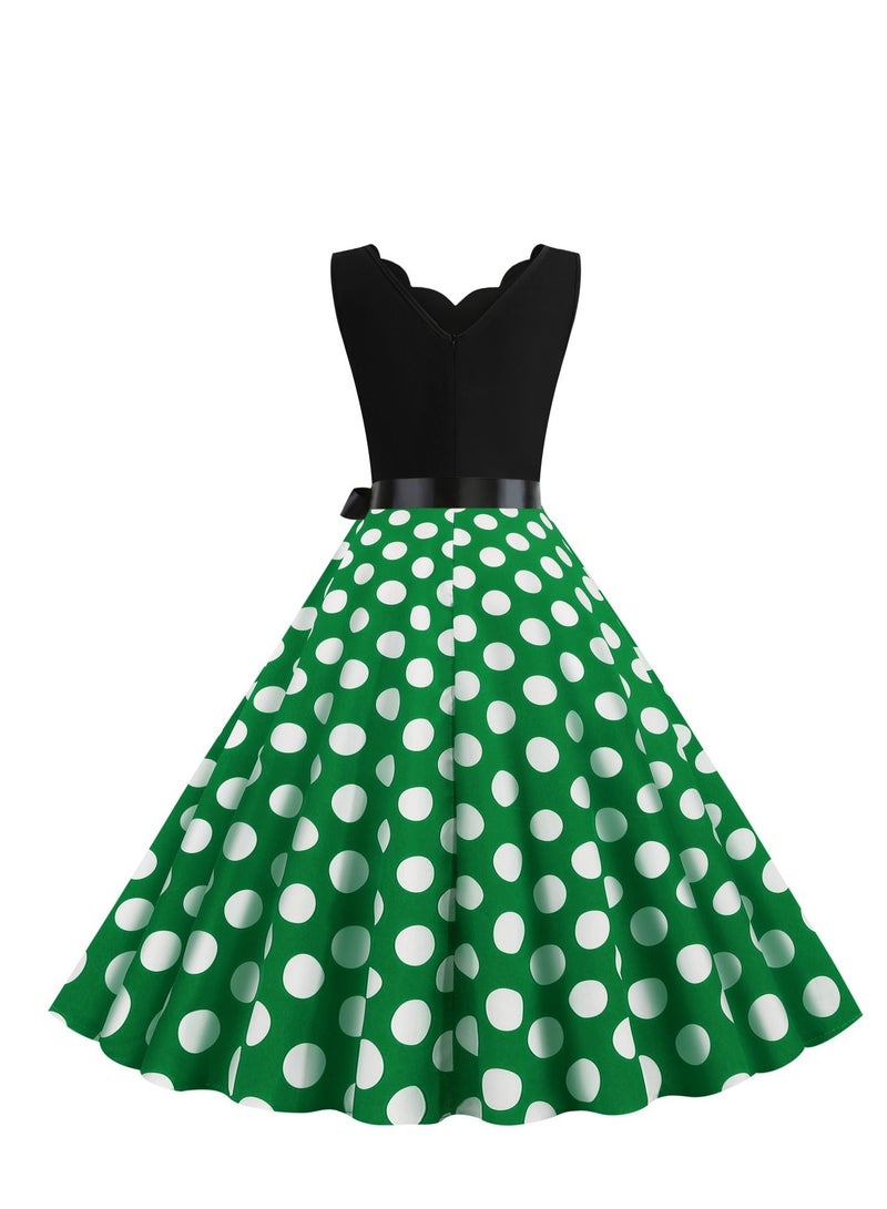 Loquat V-neck Sleeveless Polka Dot Lace Up Waist Retro Large Swing Dress Green/White  - Image 3