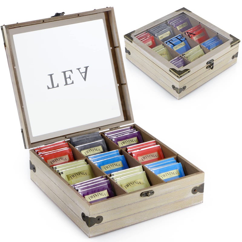 Moligou Wood Tea Box Organizer  Tea Storage Chest With Glass Lid  9 Compartments  Tea Bag Holder For Cabinet  Pantry - Image 1