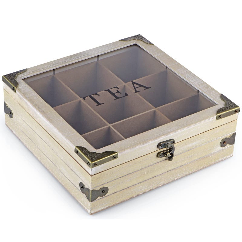 Moligou Wood Tea Box Organizer  Tea Storage Chest With Glass Lid  9 Compartments  Tea Bag Holder For Cabinet  Pantry - Image 2