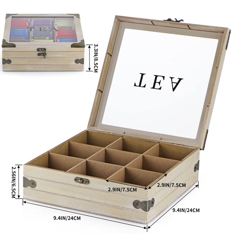 Moligou Wood Tea Box Organizer  Tea Storage Chest With Glass Lid  9 Compartments  Tea Bag Holder For Cabinet  Pantry - Image 3
