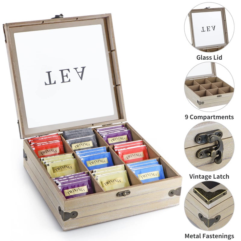 Moligou Wood Tea Box Organizer  Tea Storage Chest With Glass Lid  9 Compartments  Tea Bag Holder For Cabinet  Pantry - Image 4