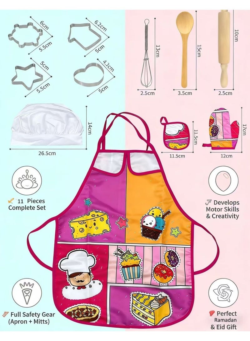 Kids Chef Role Play Set – 11PCS  Apron & Chef Hat, Pretend Play Kitchen Toys for Girls, Complete Cooking Gift for Birthday Ramadan Eid Christmas - Image 2