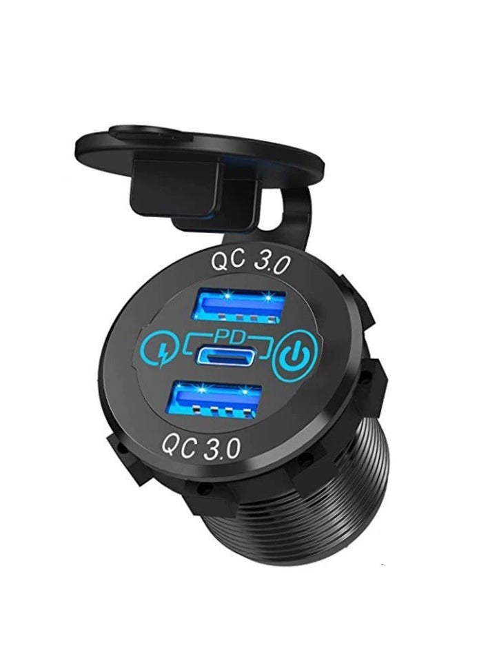 Generic Car Charger Socket, 12V/24V Triple USB Outlet 20W PD & 18W QC3.0 Aluminum Metal with Touch Power Switch, Fast Charge Adapter for Boat Marine RV Golf Cart Motorcycle  - Image 1