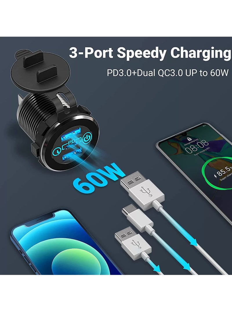 Generic Car Charger Socket, 12V/24V Triple USB Outlet 20W PD & 18W QC3.0 Aluminum Metal with Touch Power Switch, Fast Charge Adapter for Boat Marine RV Golf Cart Motorcycle  - Image 2