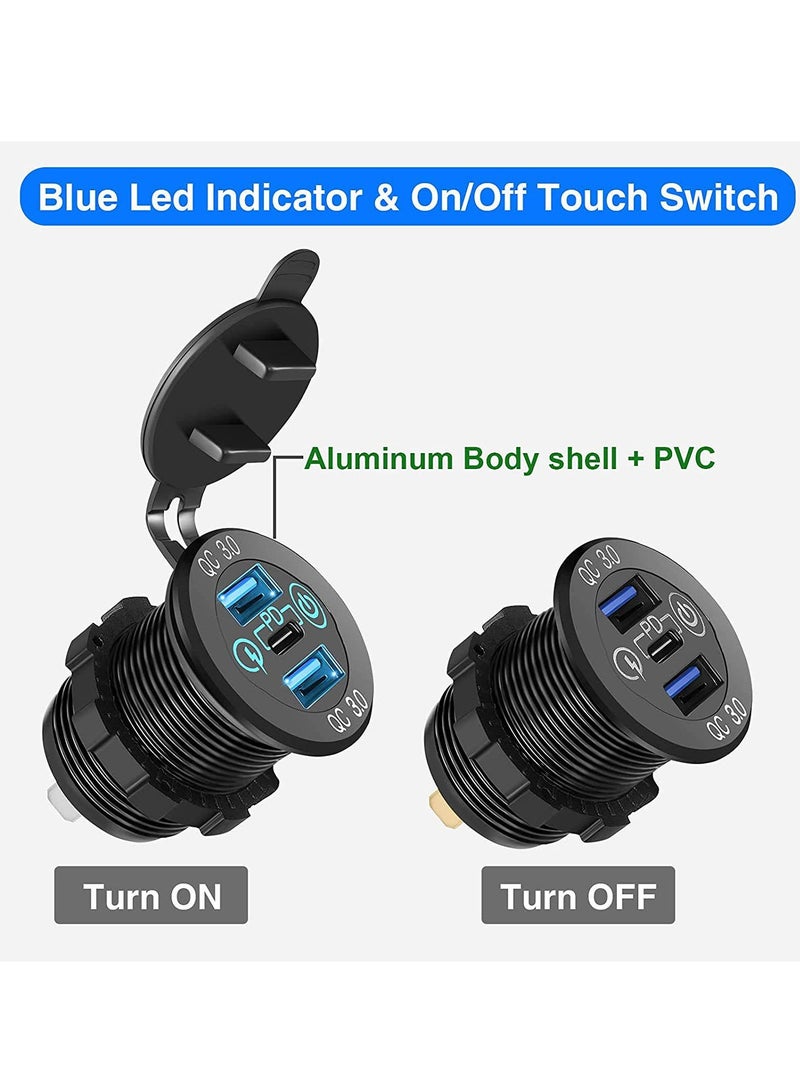 Generic Car Charger Socket, 12V/24V Triple USB Outlet 20W PD & 18W QC3.0 Aluminum Metal with Touch Power Switch, Fast Charge Adapter for Boat Marine RV Golf Cart Motorcycle  - Image 5