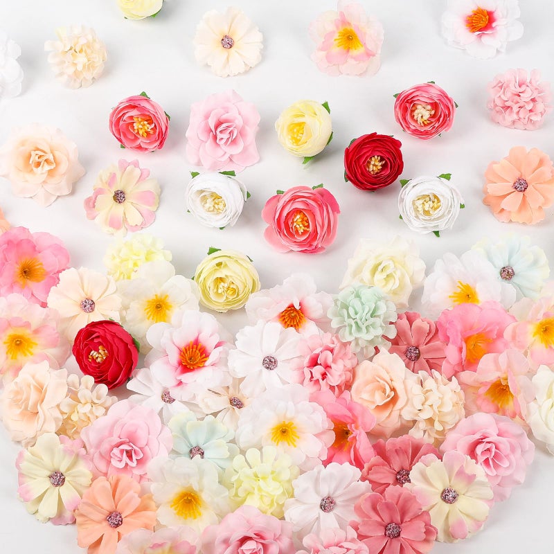 ATTGREAT Fake Flower Heads Mini Artificial Flower Bulk 110 Pcs Silk Flowers for Hair 3D Faux Flower for Decoration Fabric Daisy Buds Rose Floral for Crafts Wedding Party Cake Baby Shower Home Decor, Pink - Image 1
