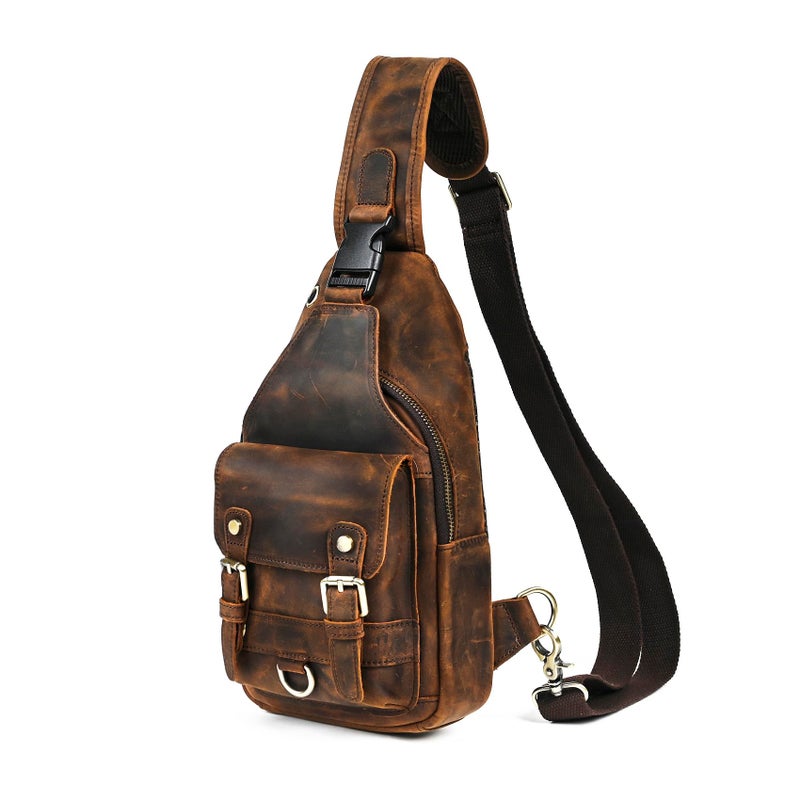 Handadsume Genuine Leather Hiking Travel DayPack Sling Crossbody Triangle Chest Pack Bag For Men Women 8241 Brown 258204 - Image 2