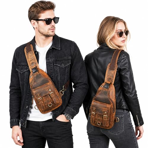 Handadsume Genuine Leather Hiking Travel DayPack Sling Crossbody Triangle Chest Pack Bag For Men Women 8241 Brown 258204 - Image 3