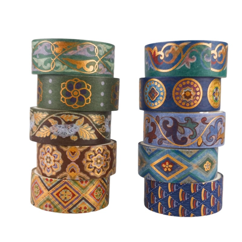 Zellykool Washi Tape Set 10 Rolls, Chinoiserie Gold Foil Decorative Paper Sticker for Planner Scrapbook Journal DIY Arts Craft (Ancient Blue) - Image 2