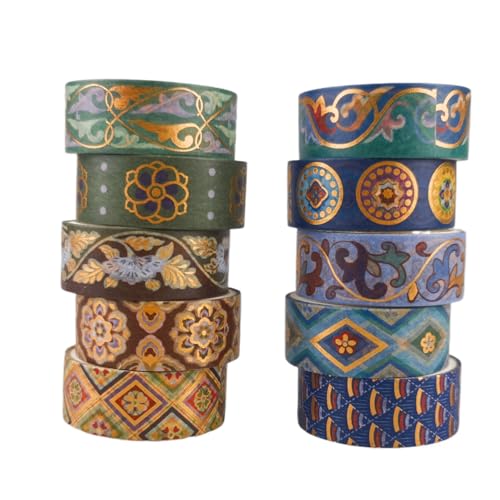 Zellykool Washi Tape Set 10 Rolls, Chinoiserie Gold Foil Decorative Paper Sticker for Planner Scrapbook Journal DIY Arts Craft (Ancient Blue) - Image 1
