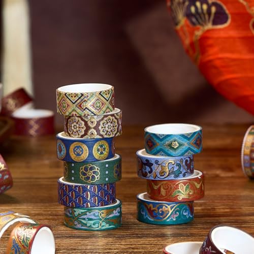 Zellykool Washi Tape Set 10 Rolls, Chinoiserie Gold Foil Decorative Paper Sticker for Planner Scrapbook Journal DIY Arts Craft (Ancient Blue) - Image 4