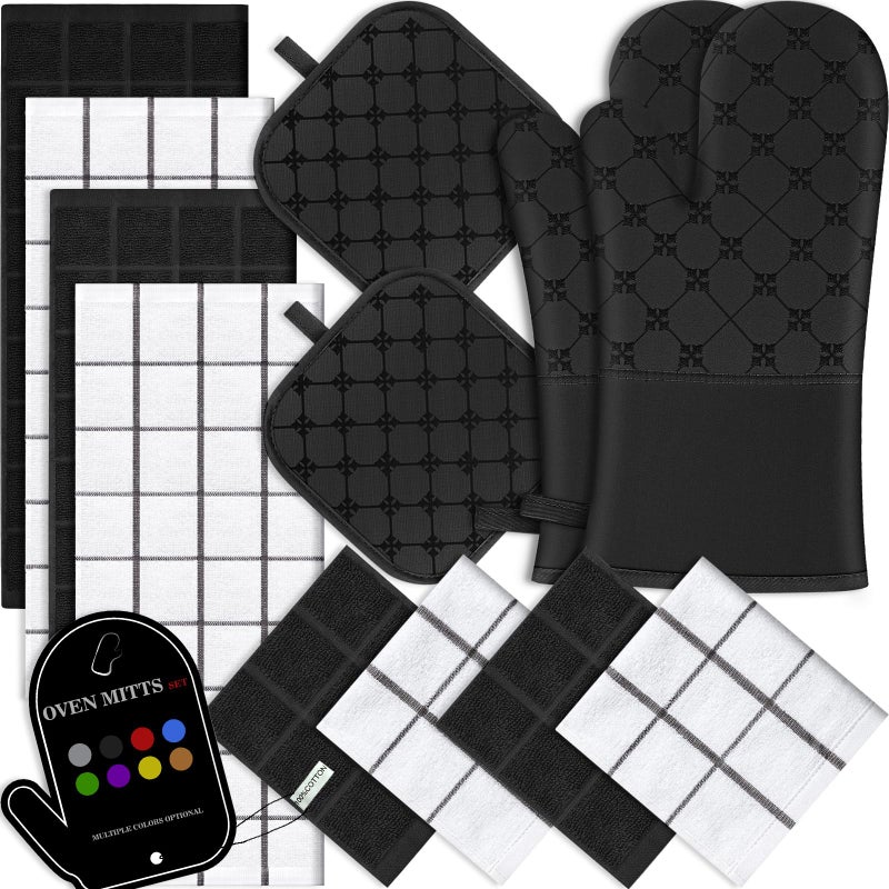 BSKSSK Oven Mitts Kitchen Towels Dishcloths with Pot Holders Sets 12PCS Dish Towels Sets Oven Gloves Pot Pads Heat Resistant 500 Degrees with NonSlip Silicone Surface for Cooking Baking Grilling Black