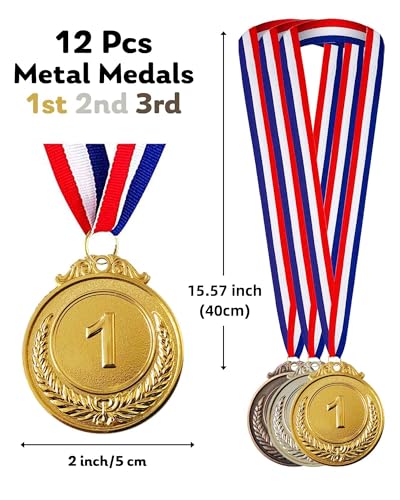 Jauisus 12 Pcs Gold Silver Bronze Medals 1st 2nd 3rd Place Metal Award Medals Olympic Style Winner Awards with Neck Ribbon for Sports Party Prizes Competitions 2 Inches - Image 3