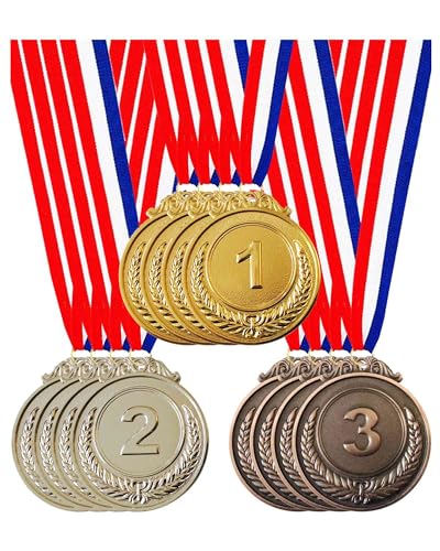 Jauisus 12 Pcs Gold Silver Bronze Medals 1st 2nd 3rd Place Metal Award Medals Olympic Style Winner Awards with Neck Ribbon for Sports Party Prizes Competitions 2 Inches - Image 1