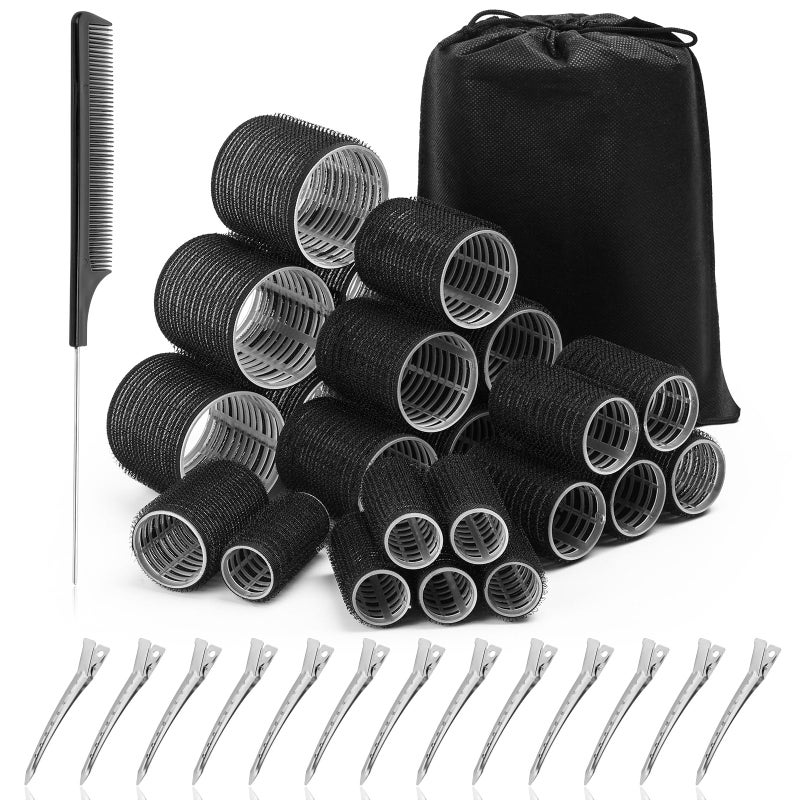 Acejoz Hair Rollers for Blowout Look 38 Pcs Self Grip Hair Rollers Set with 4 Sizes 12 Pcs Hair Clips Comb and Storage Bag for Hair Volume Black