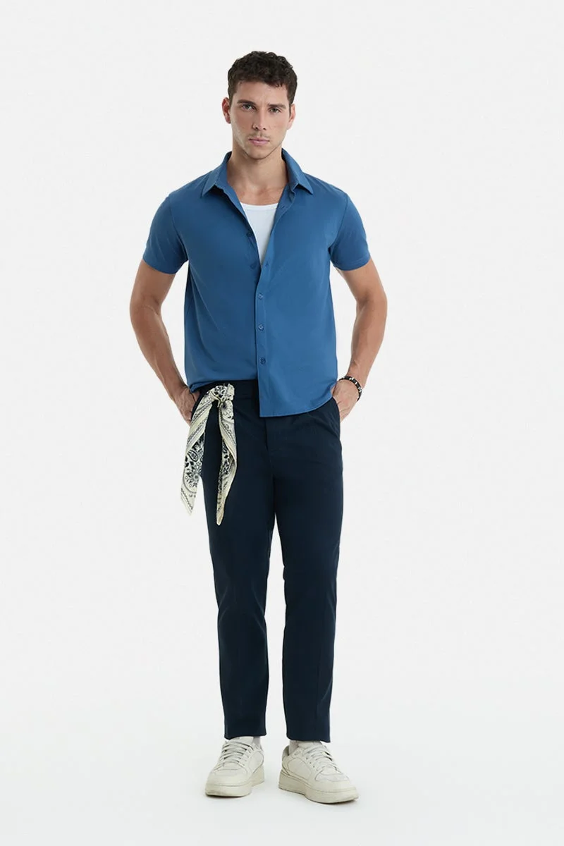 سنيتش Blue Textured Half Sleeve Regular Fit Casual Shirt