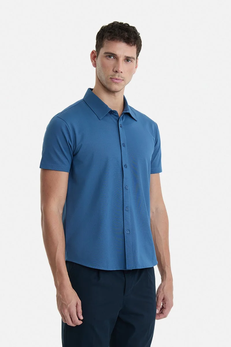 سنيتش Blue Textured Half Sleeve Regular Fit Casual Shirt
