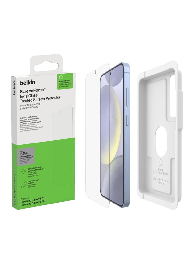 بيلكين يتميز واقي الشاشة المعالج Belkin ScreenForce InvisiGlass لهاتف Samsung Galaxy S25+‎ وS24+، بمقاومته للخدوش والصدمات مع علبة تسهيل المحاذاة لتركيب خالٍ من الفقاعات - زجاج معاد تدويره - Image 1