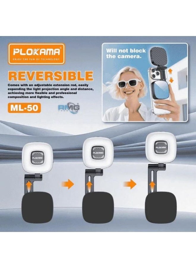 بلوكاما إضاءة سيلفي LED مغناطيسية PLOKAMA ML-50 للهواتف الذكية مع 3 أوضاع إضاءة، وسطوع قابل للتعديل، وشحن Type-C، ومرآة مدمجة - Image 5
