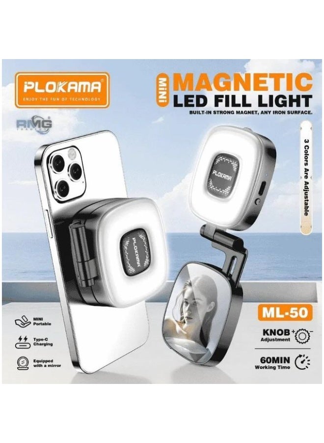 بلوكاما إضاءة سيلفي LED مغناطيسية PLOKAMA ML-50 للهواتف الذكية مع 3 أوضاع إضاءة، وسطوع قابل للتعديل، وشحن Type-C، ومرآة مدمجة - Image 1