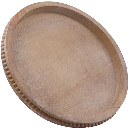 Hrastany Wood Decorative Serving Tray with Bead, Round Vintage Wooden Ottoman Tray for Home Centerpiece, Counter Organizer, 13” Circle Tray for Kitchen, Living Room (Rustic Brown) - Image 1