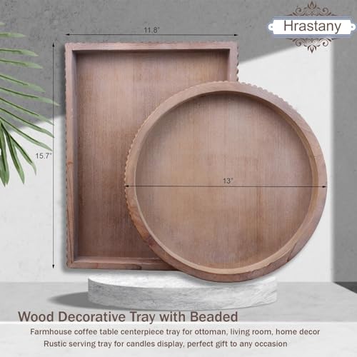 Hrastany Wood Decorative Serving Tray with Bead, Round Vintage Wooden Ottoman Tray for Home Centerpiece, Counter Organizer, 13” Circle Tray for Kitchen, Living Room (Rustic Brown) - Image 4