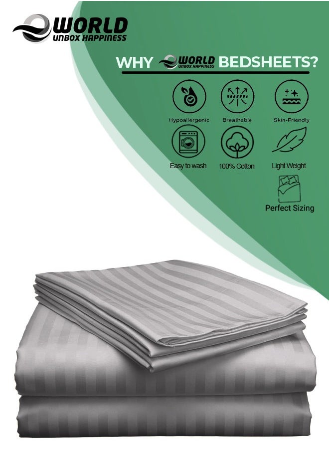 Eworld 3 Piece Luxury Grey Striped Bed Sheet Set with 1 Flat Sheet and 2 Pillowcases for Hotel and Home Crafted from Ultra Soft and Breathable Cotton for Year-Round Comfort, (Single/Double)  - Image 3
