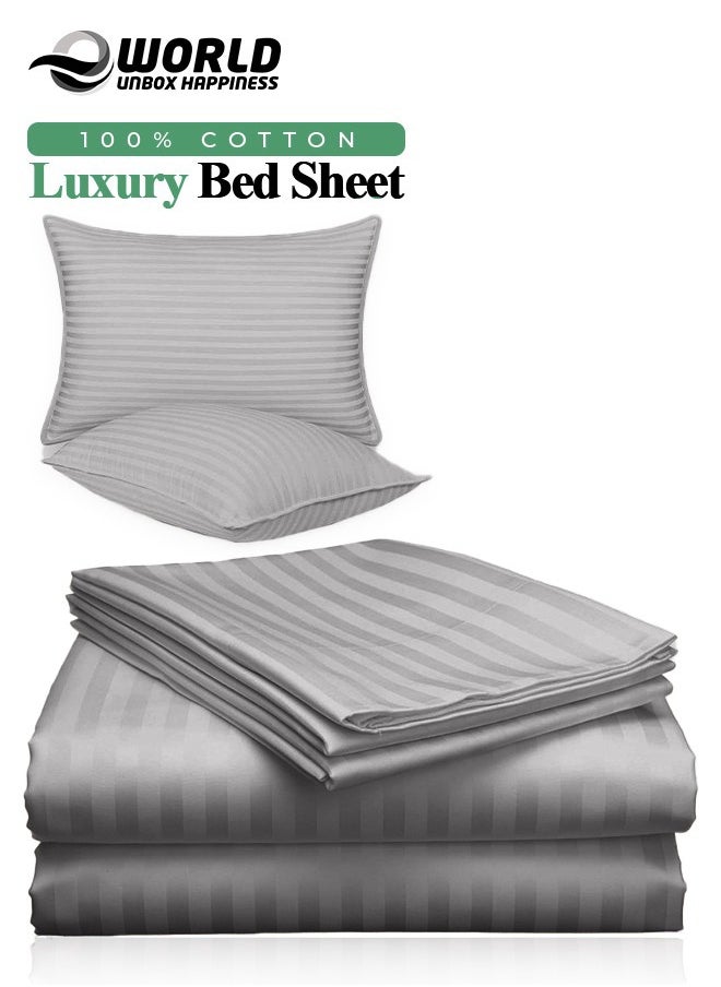Eworld 3 Piece Luxury Grey Striped Bed Sheet Set with 1 Flat Sheet and 2 Pillowcases for Hotel and Home Crafted from Ultra Soft and Breathable Cotton for Year-Round Comfort, (Single/Double)  - Image 1
