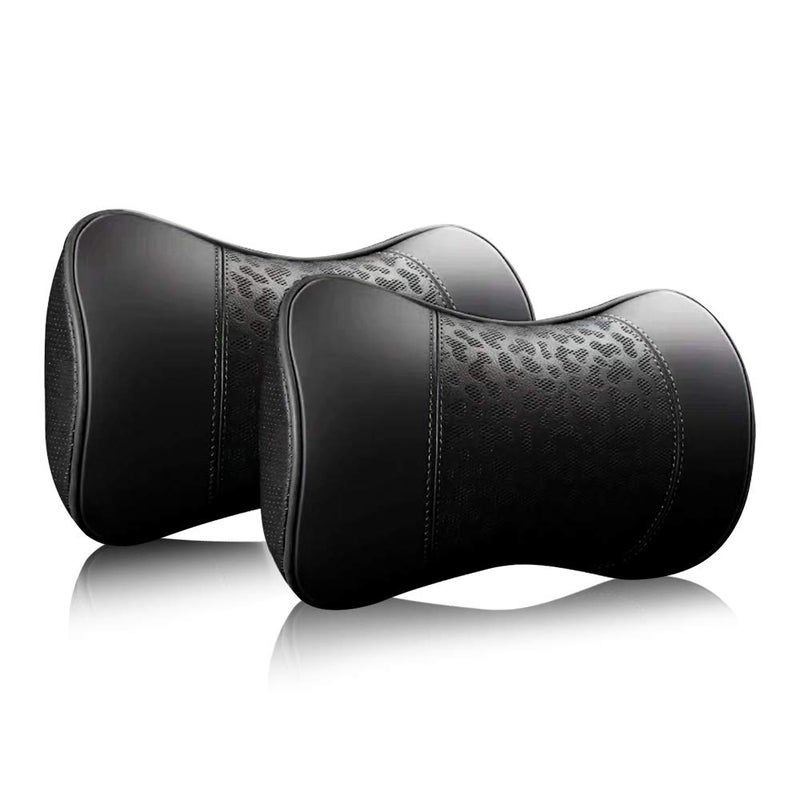 HAOTULE Car Leather Neck Pillows Neck Rest Cushions100 Memory Foam Cervical Support Comfortable Travel car Seats and Home Office Soft Pillows Black a Set 2 pcs