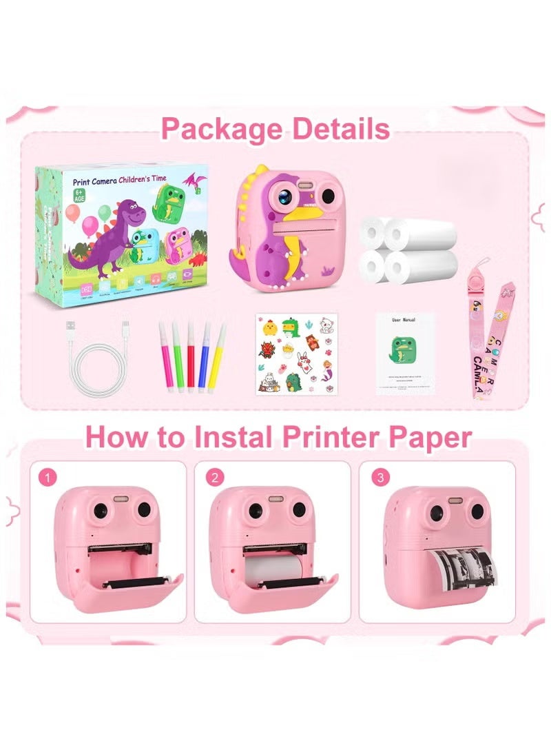 WALALLA Dinosaur Instant Print Camera for Kids - 2.4" Screen with 1080P Dual Lens & 4 Printing Paper Rolls, Portable Selfie Camera with Lanyard (Pink Dinosaur Design) - Image 4
