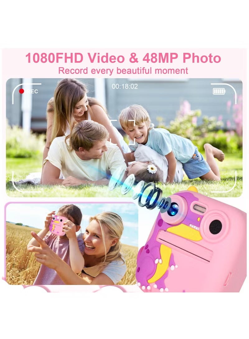 WALALLA Dinosaur Instant Print Camera for Kids - 2.4" Screen with 1080P Dual Lens & 4 Printing Paper Rolls, Portable Selfie Camera with Lanyard (Pink Dinosaur Design) - Image 5