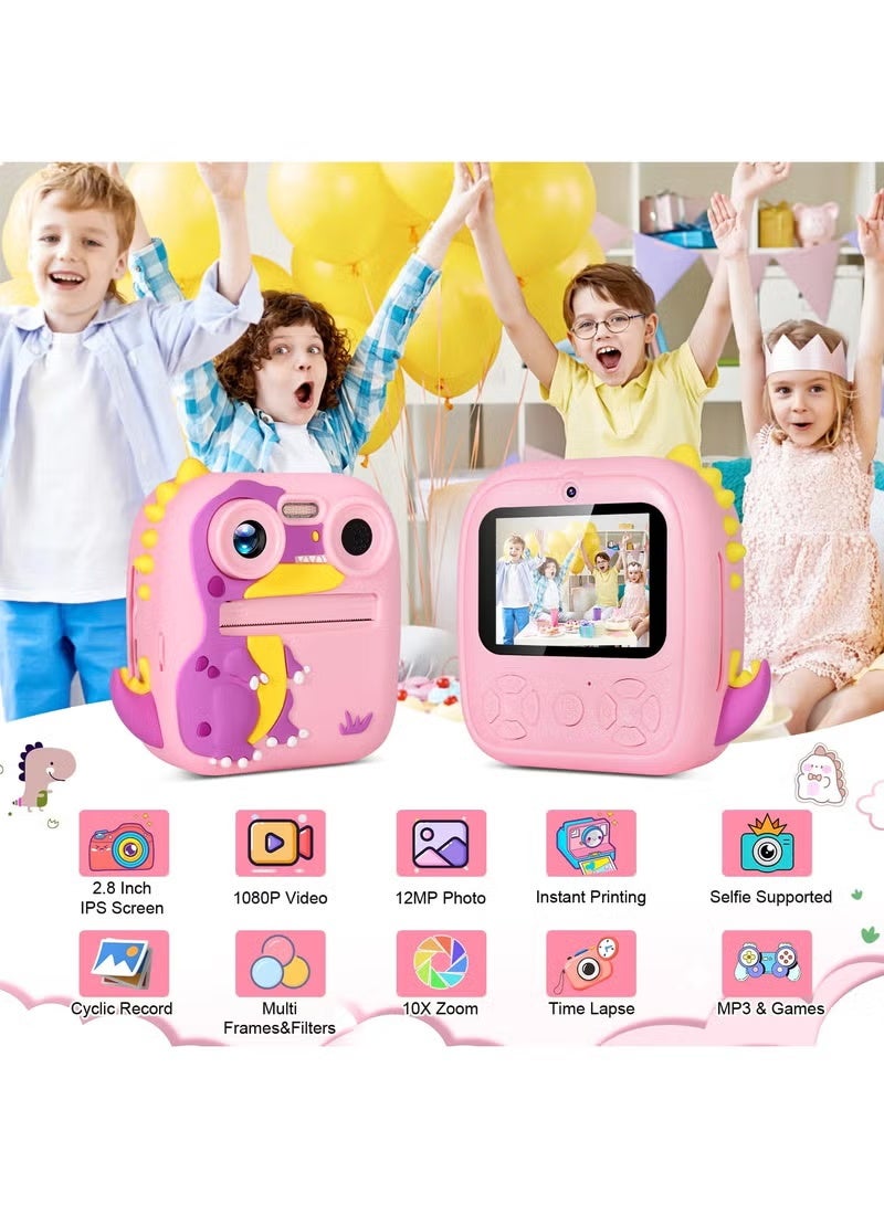 WALALLA Dinosaur Instant Print Camera for Kids - 2.4" Screen with 1080P Dual Lens & 4 Printing Paper Rolls, Portable Selfie Camera with Lanyard (Pink Dinosaur Design) - Image 2