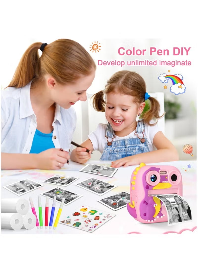 WALALLA Dinosaur Instant Print Camera for Kids - 2.4" Screen with 1080P Dual Lens & 4 Printing Paper Rolls, Portable Selfie Camera with Lanyard (Pink Dinosaur Design) - Image 3