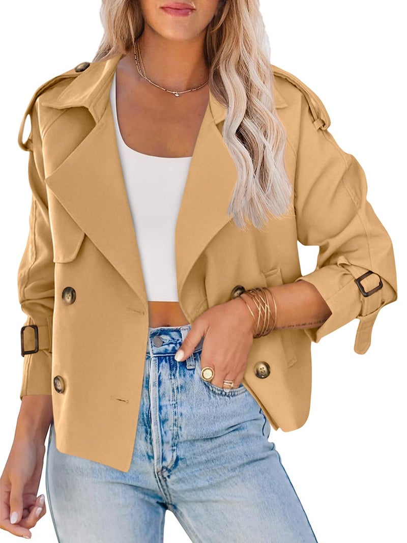 Saodimallsu Women Crop Double Breasted Trench Coat Raglan Sleeve Work Office Cropped Jacket With Pockets - Image 1