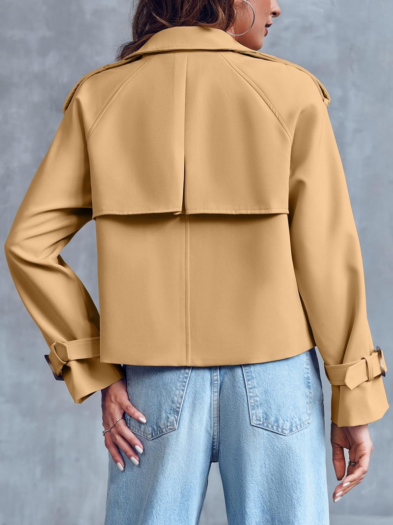 Saodimallsu Women Crop Double Breasted Trench Coat Raglan Sleeve Work Office Cropped Jacket With Pockets - Image 5