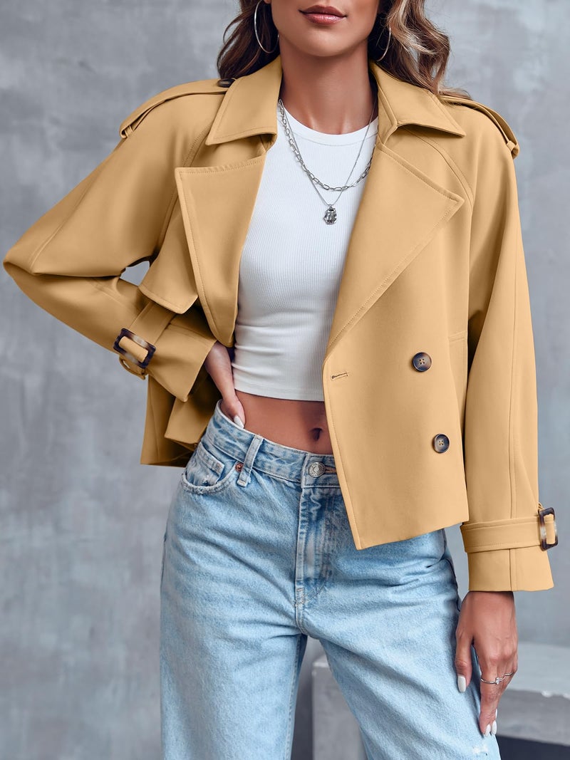 Saodimallsu Women Crop Double Breasted Trench Coat Raglan Sleeve Work Office Cropped Jacket With Pockets - Image 2