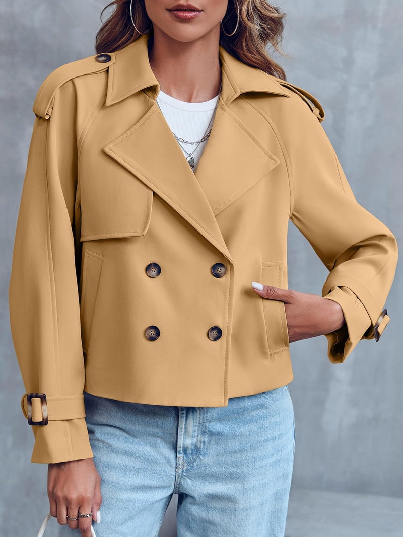 Saodimallsu Women Crop Double Breasted Trench Coat Raglan Sleeve Work Office Cropped Jacket With Pockets - Image 3