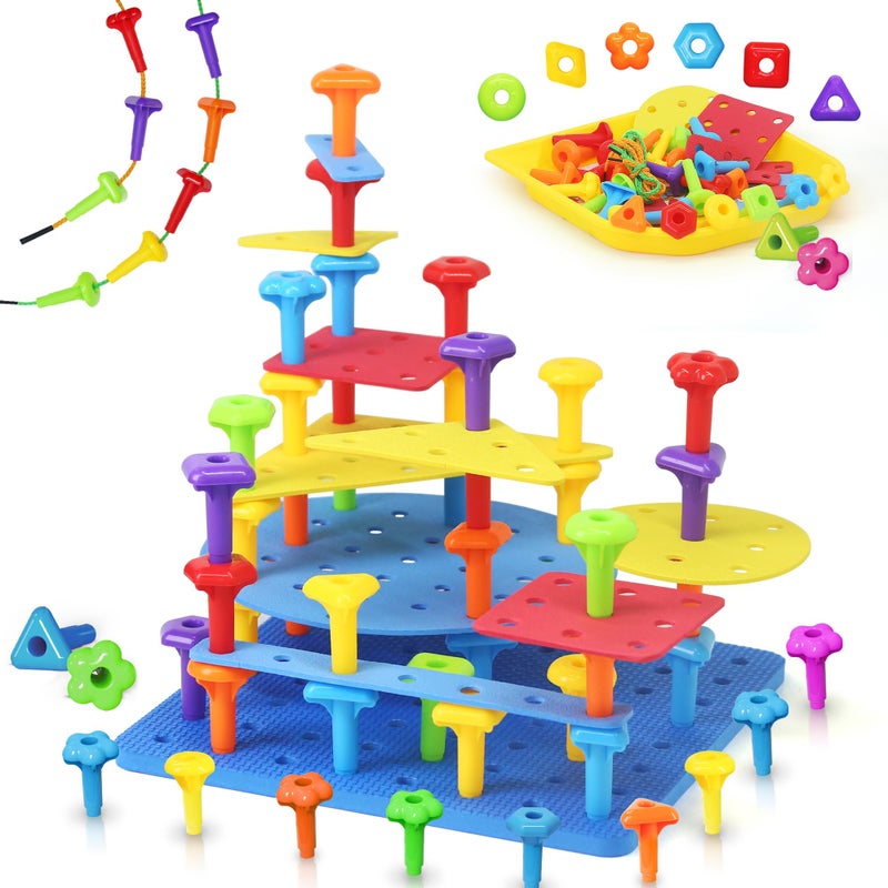 Ggiibro Peg Board Set STEM Toys for Toddlers Ages 36 Montessori Sensory Stacking Lacing Kit with ThickThin Foam Boards Strings Preschool Learning Toys for Fine Motor Skills Development - Image 3