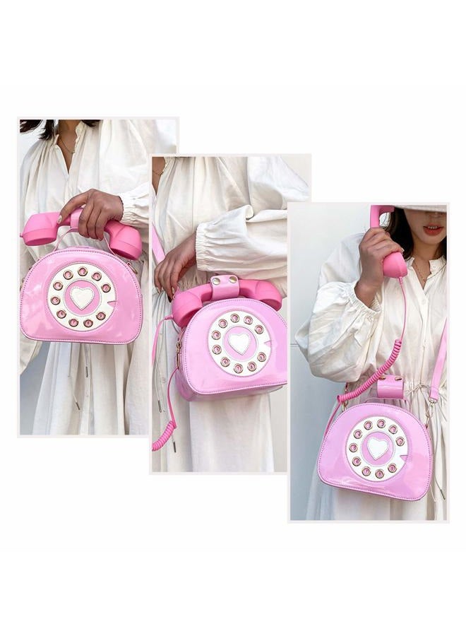 SUKUTU Telephone Shaped Purse Shoulder Crossbody Tote Bags Women Retro Phone Top-Handle Handbags for Girls, Pink, Large - Image 4