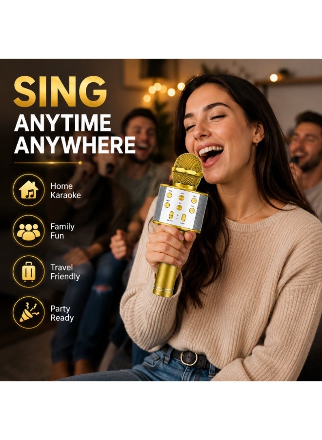 Wireless Bluetooth Karaoke Microphone Speaker With TF Card, Aux USB & Recording Function, Gold - Image 4