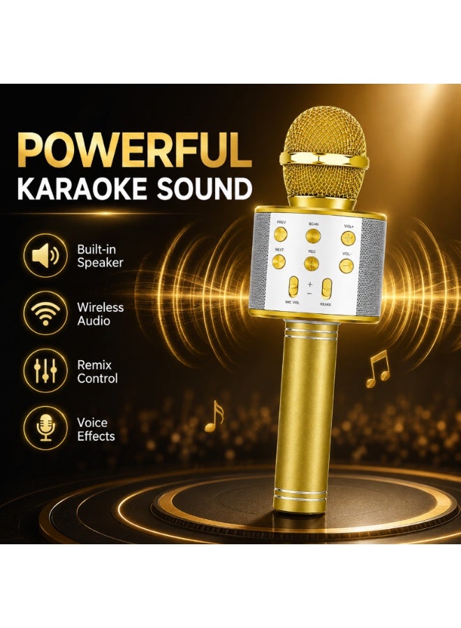 Wireless Bluetooth Karaoke Microphone Speaker With TF Card, Aux USB & Recording Function, Gold - Image 2