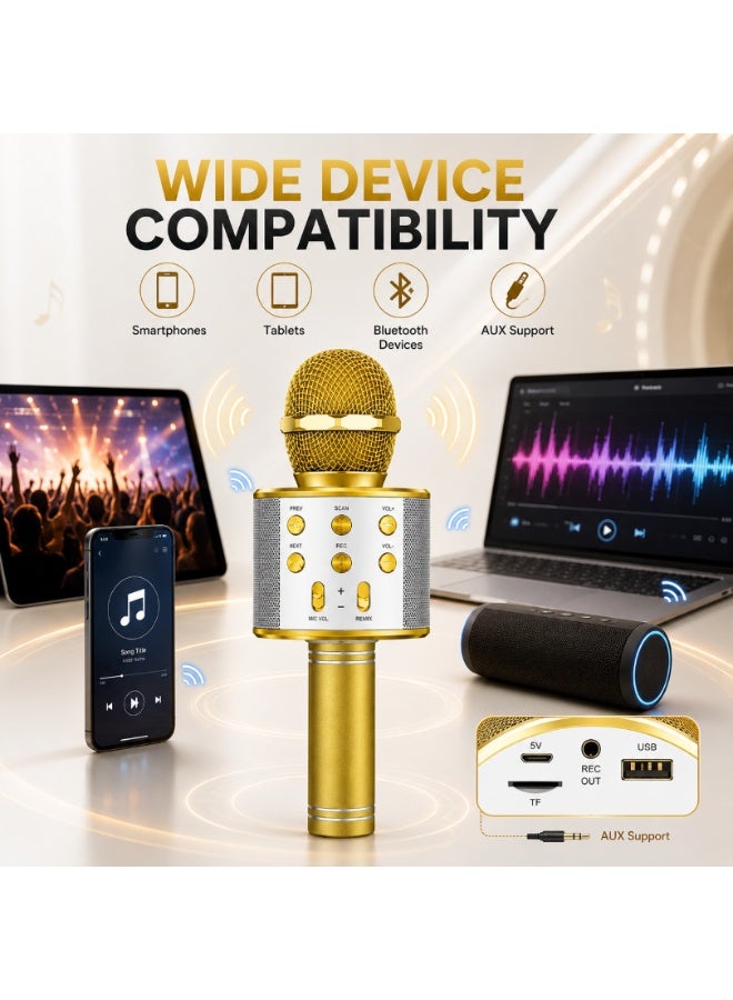 Wireless Bluetooth Karaoke Microphone Speaker With TF Card, Aux USB & Recording Function, Gold - Image 5