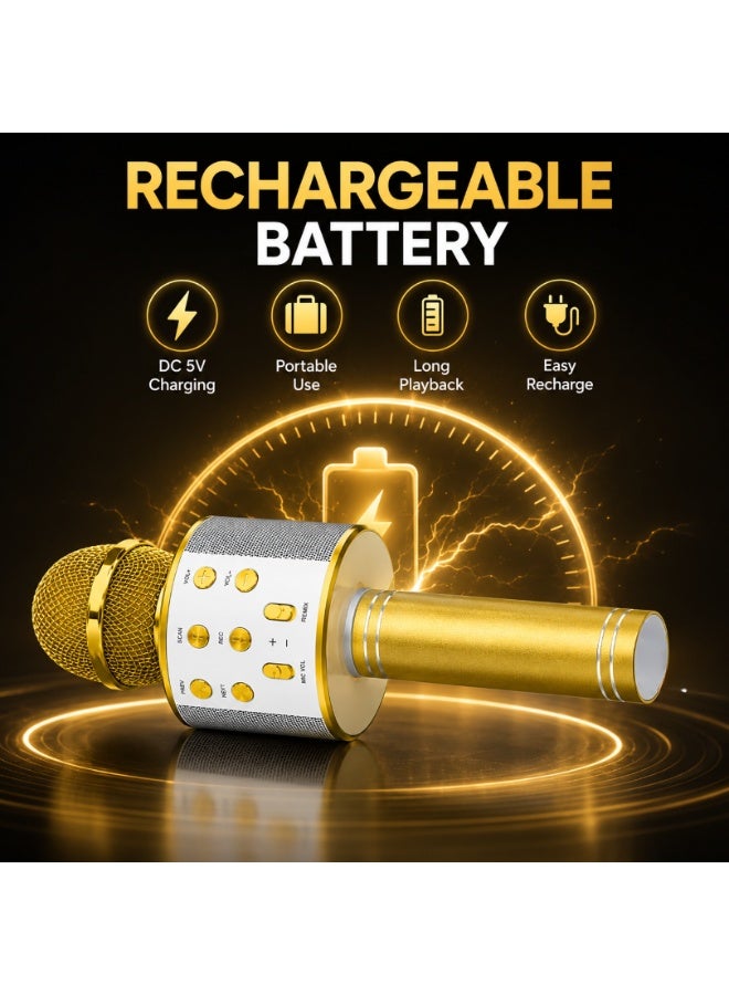 Wireless Bluetooth Karaoke Microphone Speaker With TF Card, Aux USB & Recording Function, Gold - Image 3
