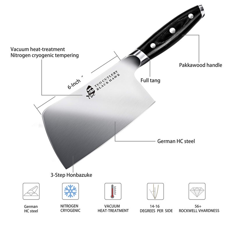 TUO Meat Cleaver, 6 Inch Heavy Duty Chopper Knife for Butcher & Kitchen, High Carbon German Steel, Full Tang Handle, Gift Box - Black Hawk Series - Image 2