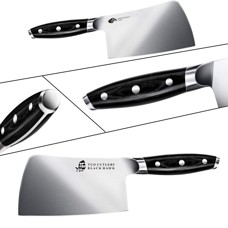 TUO Meat Cleaver, 6 Inch Heavy Duty Chopper Knife for Butcher & Kitchen, High Carbon German Steel, Full Tang Handle, Gift Box - Black Hawk Series - Image 3