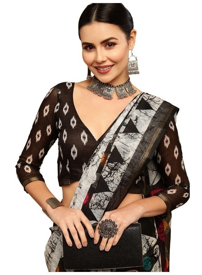 Satrani Women's Knit Cotton Blend Saree (2585S239NA_White & Grey2) - Image 4